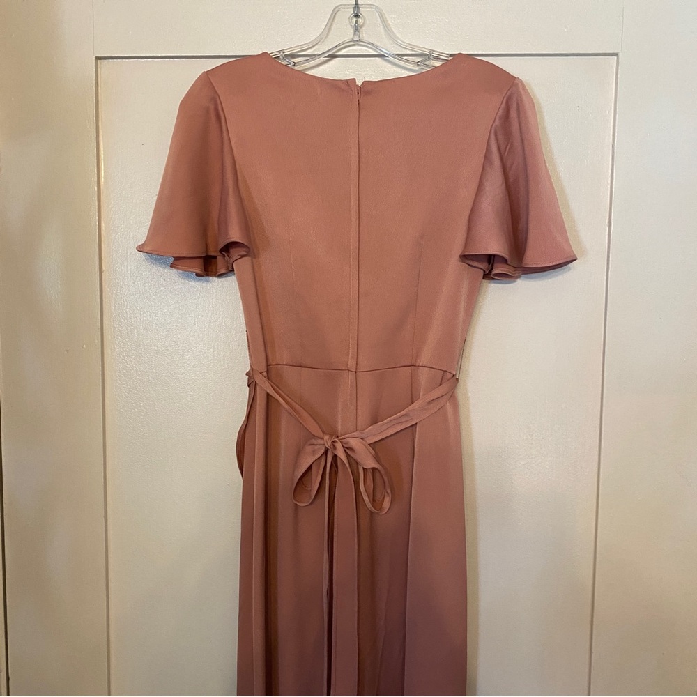 NWOT Flutter Sleeve Crepe Satin Ruffle Bridesmaid Gown Desert Coral David’s - Picture 4 of 7